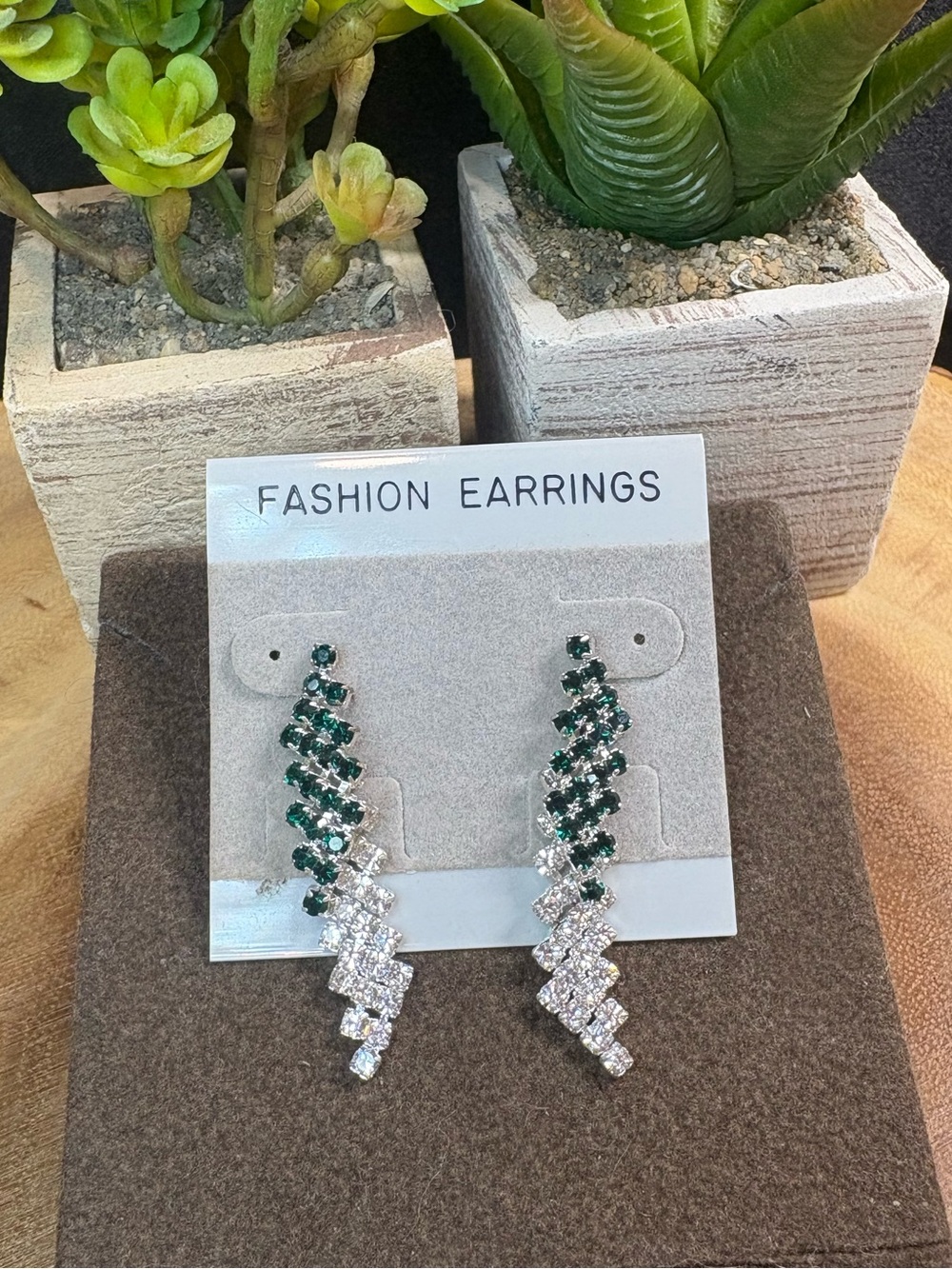 Vintage Green and Silver Zigzag Crystal Drop Earrings